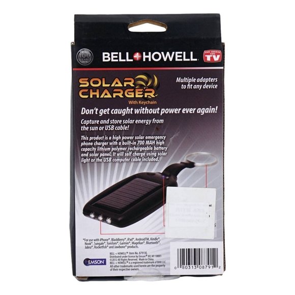 Bell & Howell Solar Charger Keychain 8791XL Black IPhone Micro-USB USB New - Picture 2 of 3